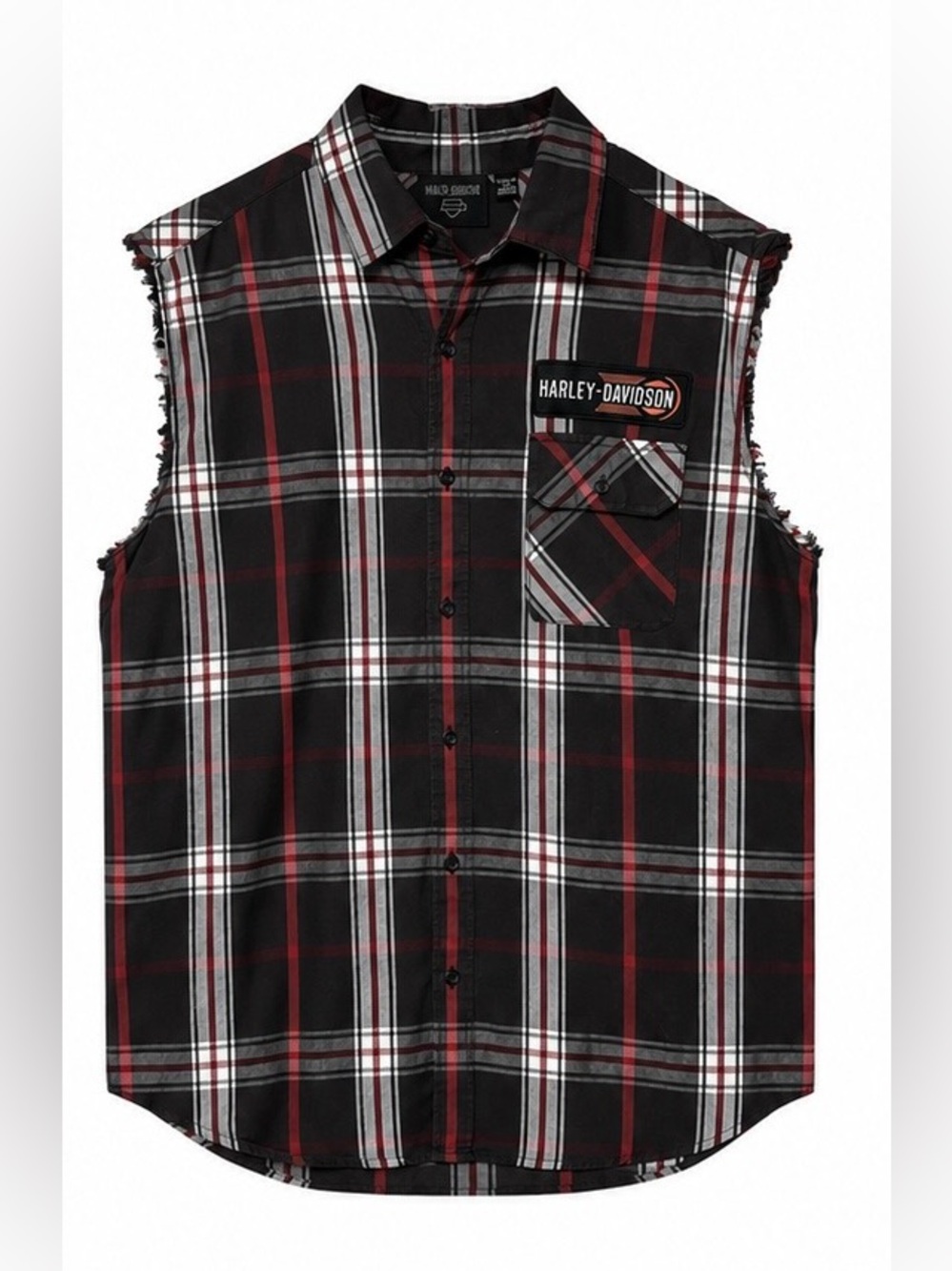 Harley-Davidson Black Red & White Plaid Sleeveless Button-Down Shirt